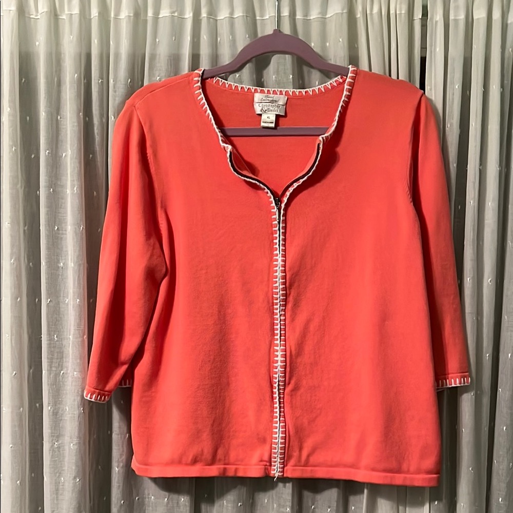 Christopher & Banks Orange Cardigan with White Trim and a zip up front. Size XL